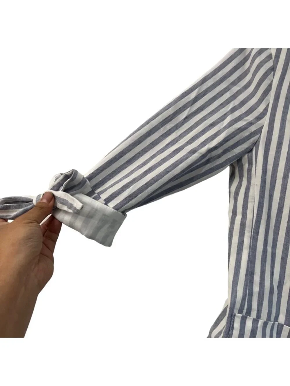 Anthro Melissa Nepton Womens Blue Striped Linen Blend Tie Sleeves Open Blazer S